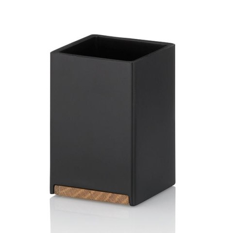 Kubek łazienkowy, żywica polimerowa/drewno dębowe, 7 x 7 x 11 cm, czarny