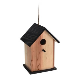 Wytworny karmnik dla ptaków - drewniany dom na sznurze