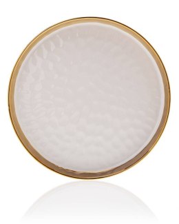 Okrągła taca dekoracyjna Lija White 26cm Wykonany z ceramiki w kolorze białym, wykończony złotą farbą. Średnica naczynia wynosi 